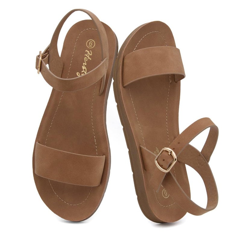 Herstyle Flat Sandals for Women â€“ Open Toe One Band Ankle Strap Summer Dressy Sandals, Lightweight Casual Strappy Slip-On Flats with Adjustable Buckle, Tan, Size 6.5, Monday - Image 2